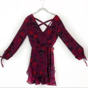 Band of Gypsies Mini Dress Romantic Floral Ruffle Deep V Neck Fit & Flare NWT XS